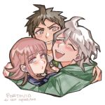  1girl 2boys :d ahoge bangs blunt_bangs blush brown_eyes closed_eyes collared_shirt danganronpa_(series) danganronpa_2:_goodbye_despair flipped_hair green_jacket green_necktie grey_hair grin hinata_hajime hood hood_down jacket komaeda_nagito medium_hair multiple_boys nanami_chiaki necktie no_hair_ornament open_mouth pink_eyes shirt short_hair simple_background smile teeth vio_(portovio) watermark white_background 