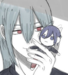  black_shirt blue_eyes blue_hair devil_survivor_(series) devil_survivor_1 grey_hair headphones holding holding_stuffed_toy key_doce looking_at_another megami_tensei naoya_(devil_survivor) pants portrait protagonist_(devil_survivor) red_eyes red_pants shirt short_hair smile stuffed_toy 