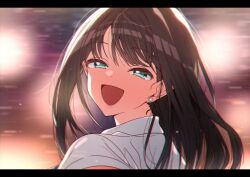  1girl :d brown_hair commentary_request earrings erere green_eyes half-closed_eyes highres idolmaster idolmaster_cinderella_girls jewelry letterboxed long_hair looking_at_viewer looking_back open_mouth portrait shibuya_rin shirt smile solo stud_earrings turning_head white_shirt 
