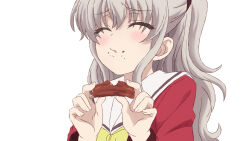  1girl ^_^ blush bow charlotte_(anime) chest_bow closed_eyes commentary eyes_visible_through_hair food food_on_face furrowed_brow grey_hair hair_between_eyes hands_up holding holding_food hoshinoumi_academy_school_uniform juuniko long_hair long_sleeves parted_lips red_shirt sailor_collar school_uniform serafuku shirt sidelocks simple_background solo tomori_nao two_side_up upper_body white_background white_sailor_collar yellow_bow 