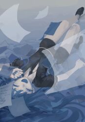  1other black_necktie black_shorts black_sweater blue_hair blue_nails closed_eyes colored_eyelashes colored_skin floating_paper furuhi07 gem_uniform_(houseki_no_kuni) highres houseki_no_kuni lapis_lazuli_(houseki_no_kuni) laughing long_hair lying necktie on_ground other_focus pages papers puffy_short_sleeves puffy_sleeves short_sleeves shorts solo sweater white_skin 