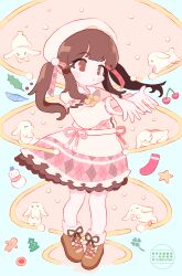  1girl absurdres animal beret blue_feathers bow bowtie brown_eyes brown_hair brown_shoes cherry christmas_stocking christmas_tree closed_mouth clover commentary cookie dot_mouth dress feathers food four-leaf_clover frilled_dress frills fruit full_body gingerbread_cookie hat highres holly idolmaster idolmaster_cinderella_girls layered_dress leaf multicolored_dress noniha ogata_chieri ogata_chieri_(merry_merry_white) open_hands pigeon-toed pink_dress shoes sidelocks snowman solo standing thumbprint_cookie twintails twitter_username watermark white_dress white_hat white_rabbit_(animal) yellow_bow yellow_bowtie 