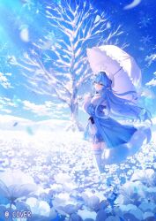  1girl ahoge bare_tree beret blue_coat blue_hair blue_skirt blue_sky braid closed_mouth clouds coat commentary_request copyright_notice crossed_bangs day double-parted_bangs falling_petals field flower flower_field frilled_skirt frills full_body fur-trimmed_coat fur_trim hair_between_eyes hair_flower hair_ornament half_up_braid half_up_half_down_braid hat heart heart_ahoge hololive long_hair looking_at_viewer miniskirt off_shoulder official_art outdoors petals pleated_skirt pointy_ears riichu skirt sky smile snow snowflake_hair_ornament snowflake_print solo thigh-highs tree very_long_hair white_flower white_hat white_thighhighs yellow_eyes yukihana_lamy yukihana_lamy_(1st_costume) 