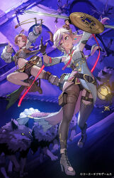  ahoge atelier_(series) atelier_resleriana belt belt_pouch black_belt black_shorts blue_eyes blue_shirt boots breasts broken_horn brown_boots crop_top demon demon_horns diamond-shaped_pupils diamond_(shape) earrings green_eyes grey_hair hair_between_eyes heidi_(atelier) highres holding holding_shield holding_sword holding_weapon horns jewelry lantern long_hair long_sleeves midriff multicolored_hair navel official_art open_mouth pink_pupils pouch purple_hair red_hair shield shirt shorts sideboob slingshot_(weapon) sword symbol-shaped_pupils takayama_toshiaki thigh-highs thigh_pouch two-tone_hair valeria_(atelier) weapon white_shirt wolf 