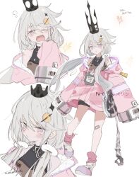  1girl absurdres bandaid bandaid_on_knee bandaid_on_leg black_crown character_name character_request closed_mouth collarbone commentary commentary_request crown flat_chest full_body grey_hair highres jacket leg_up long_hair looking_at_viewer low_twintails multiple_views off_shoulder original oversized_jacket parted_lips pink_eyes pink_jacket pink_shoes ring_hair_ornament shirt shoes single_bare_leg sleeveless sleeveless_shirt solo sparkle standing twintails watakokyu white_background wide_sleeves yawning 