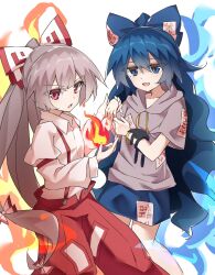  2girls absurdres bangle blue_bow blue_eyes blue_fire blue_hair blue_skirt bow bracelet collared_shirt commentary_request fire fujiwara_no_mokou grey_hair grey_hoodie hair_bow highres hood hoodie ishijogahara jewelry long_hair long_sleeves looking_at_viewer multiple_girls ofuda ofuda_on_clothes open_mouth pants pyrokinesis red_eyes red_pants shirt short_sleeves skirt smile stuffed_animal stuffed_cat stuffed_toy suspenders touhou very_long_hair white_shirt yorigami_shion 