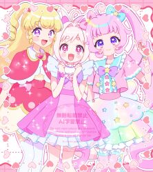  3girls :d ahoge animal_ears aozora_himari blonde_hair blue_bow blue_sailor_collar bow bowtie capelet chii_(chi_pppuri) closed_mouth collared_capelet commentary cosplay costume_switch cropped_shirt crossover delicious_party_precure dress dress_bow fox_ears frilled_capelet frilled_dress frilled_sailor_collar frills hair_bow hands_up highres himitsu_no_aipri idol_time_pripara in-franchise_crossover kome-kome kome-kome_(human) long_hair looking_at_viewer multiple_girls open_mouth pink_bow pink_dress pink_eyes pink_hair pink_shirt pink_thighhighs precure pretty_series pripara purple_bow purple_bowtie rainbow_skirt red_capelet red_dress sailor_collar sailor_shirt shirt smile thigh-highs twintails two_side_up untranslatable_commentary violet_eyes white_thighhighs wrist_bow yumekawa_yui 