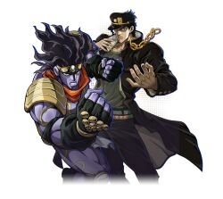  2boys alpha_transparency aqua_eyes armor black_coat black_hair black_hat chain clenched_hands coat earrings fingerless_gloves frown gakuran gloves halftone halftone_background hat highres jewelry jojo_no_kimyou_na_bouken kujo_jotaro long_coat male_focus multiple_boys muscular muscular_male official_art pauldrons school_uniform serious shoulder_armor stand_(jojo) star_platinum stardust_crusaders stud_earrings transparent_background 