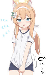  1girl absurdres animal_ear_fluff animal_ears arrow_(symbol) blue_archive blue_eyes blush brown_hair cat_ears collarbone commentary_request covering_crotch covering_privates cowboy_shot flower flying_sweatdrops gym_shirt gym_shorts gym_uniform hair_flower hair_ornament hairband highres long_hair looking_at_viewer low_ponytail mari_(blue_archive) mari_(track)_(blue_archive) open_mouth ponytail puffy_short_sleeves puffy_sleeves shirt shirt_tug short_sleeves shorts simple_background solo takasuma_hiro translation_request white_background white_flower white_hairband white_shirt 