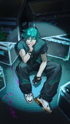  1boy absurdres asami_okutoshioku black_gloves black_shirt commentary_request ezreal_(league) fingerless_gloves gloves green_hair hair_between_eyes heartsteel_(league) heartsteel_ezreal highres jewelry league_of_legends long_hair looking_at_viewer male_focus official_alternate_costume shirt shoes signature sitting smile sneakers solo yellow_eyes 