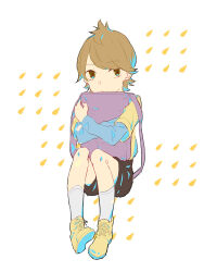  1boy aged_down akadaidai bag black_shorts blue_shirt brown_eyes brown_hair check_age child expressionless gamon_yuuta hugging_object kneehighs looking_at_viewer male_focus occultic;nine purple_bag science_adventure shirt shirt_under_shirt shoes shorts sneakers socks solo white_socks yellow_shirt yellow_shoes 