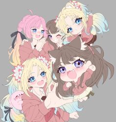  5girls :d ;d ahoge animal_ear_fluff animal_ears animalization anyoji_hime anyoji_hime_(seal) black_ribbon blonde_hair blue_eyes blush brown_dress brown_hair cat_ears cat_girl cat_tail chibi commentary_request dress dual_persona fang flower fujishima_megumi gradient_hair grey_background grin hair_flower hair_ornament hair_ribbon hasu_no_sora_school_uniform highres hood hood_down hooded_jacket jacket kemonomimi_mode kentotto long_hair love_live! love_live!_hasu_no_sora_jogakuin_school_idol_club love_live!_hasu_no_sora_jogakuin_school_idol_club_bloom_garden_party mira-cra_park! multicolored_hair multiple_girls neckerchief one_eye_closed open_mouth osawa_rurino person_and_animalization pink_flower pink_hair pink_jacket red_neckerchief ribbon sailor_collar sailor_dress school_uniform seal_(animal) simple_background smile tail twintails two_side_up unfinished violet_eyes virtual_youtuber white_sailor_collar winter_uniform 