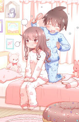  1boy 1girl :t absurdres barefoot blush brother_and_sister brown_hair child closed_eyes commentary_request curtains gerotan hair_brush highres holding holding_hair_brush indoors long_hair on_bed open_mouth original pajamas pillow rainbow short_hair siblings stuffed_animal stuffed_toy teddy_bear 