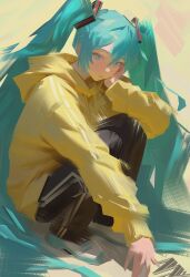  1girl absurdres aqua_eyes aqua_hair black_pants brush_stroke commentary hatsune_miku highres hood hoodie long_hair looking_at_viewer no_lineart nyte_tyde painterly pants shoes sidelocks sneakers twintails untranslatable_commentary very_long_hair vocaloid yellow_hoodie 