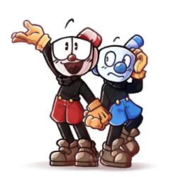  2022 2boys 2d artist_name big_nose blue_shorts brothers brown_shoes closed_mouth cuphead cuphead_(game) digital_media drinking_straw frostedbeess full_body gloves hand_on_own_head hand_up holding_hands male male_focus mugman multiple_boys object_head open_mouth red_shorts shadow shoes shorts siblings side-by-side signature simple_background smile sneakers standing turtleneck white_background yellow_gloves 