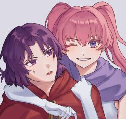  1boy 1girl cape commentary elbow_gloves erk_(fire_emblem) fire_emblem fire_emblem:_the_blazing_blade gloves grey_background grin hair_between_eyes highres hug hug_from_behind looking_at_another looking_at_viewer nervous_sweating nyxrkgk one_eye_closed open_mouth pink_hair purple_hair purple_scarf red_cape scarf serra_(fire_emblem) simple_background smile sweat sweatdrop twintails violet_eyes white_gloves 