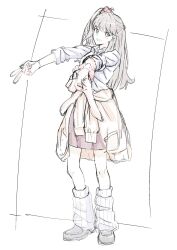  1girl alternate_costume black_shoes brown_cardigan brown_hair brown_skirt cardigan cardigan_around_waist clothes_around_waist collared_shirt double_gyaru_v foreshortening fujishima_megumi full_body grey_eyes grin gyaru gyaru_v highres kogal loafers long_hair looking_at_viewer loose_socks love_live! love_live!_hasu_no_sora_jogakuin_school_idol_club one_side_up pleated_skirt shirt shoes skirt smile socks solo standing toono2145 v virtual_youtuber white_shirt white_socks 