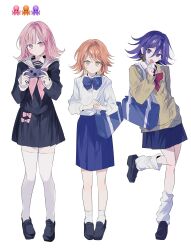  1girl 2boys absurdres alternate_costume black_hair black_shoes bow bowtie brown_hair brown_jacket commentary crossdressing crossdressing_(mtf) danganronpa:_trigger_happy_havoc danganronpa_(series) danganronpa_2:_goodbye_despair danganronpa_v3:_killing_harmony earrings fujisaki_chihiro hair_ornament hairclip hand_up handheld_game_console highres holding holding_handheld_game_console jacket jewelry llie_137 medium_hair miniskirt multiple_boys nanami_chiaki neckerchief no_hair_ornament oma_kokichi pink_neckerchief pleated_skirt red_bow red_bowtie sailor_collar school_uniform shirt shoes skirt socks striped_bow striped_bowtie striped_clothes thigh-highs untranslatable_commentary white_sailor_collar white_shirt white_socks white_thighhighs 