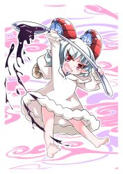  1girl absurdres alternate_costume animal_hood barefoot combat2000_(kuroneko) commentary_request fangs full_body grey_hair highres holding holding_spoon hood hoodie horns looking_at_viewer open_mouth oversized_object pointy_ears red_eyes red_horns sheep_hood sheep_horns short_hair skin_fangs solo spoon touhou toutetsu_yuuma v-shaped_eyebrows white_hoodie 