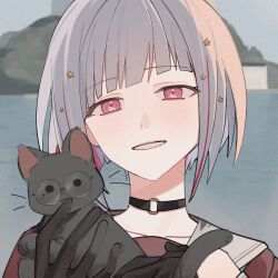  1girl absurdres animal artist_self-insert black_cat black_choker black_gloves bob_cut brown_dress cat choker commentary dress glasses gloves grin hair_ornament hasu_no_sora_school_uniform highres holding holding_animal holding_cat inverted_bob love_live! love_live!_hasu_no_sora_jogakuin_school_idol_club mole mole_under_eye multicolored_hair o-ring o-ring_choker original pink_eyes pipi_(m1x_mix) pipi_(m1x_mix)_(character) red_streaks round_eyewear sailor_collar sailor_dress school_uniform short_hair smile star_(symbol) star_hair_ornament streaked_hair untranslatable_commentary virtual_youtuber white_hair white_sailor_collar winter_uniform yugiri_tsuzuri 