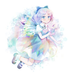  1girl blue_bow blue_dress blue_eyes blue_hair blush bow brown_shoes cirno closed_mouth collared_shirt commentary_request commission cryokinesis detached_wings dress full_body hair_bow highres ice ice_wings looking_at_viewer mary_janes mito_tsubaki neck_ribbon pinafore_dress puffy_short_sleeves puffy_sleeves red_ribbon ribbon shirt shoes short_sleeves skeb_commission sleeveless sleeveless_dress socks solo touhou watermark white_shirt white_socks wings 
