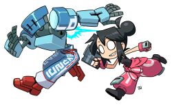  1girl aqua_armor armor artist_logo baggy_shorts black_hair black_shirt black_shoes blank_eyes blue_armor blue_pants borrowed_character clothes_around_waist dynamic_pose edith_(teknodice) energy_gun fingerless_gloves gloves hair_bun highres holding holding_energy_gun holding_weapon humanoid_robot jacket jacket_around_waist logo muu_(mumumer) original pants pentel_(teknodice) pink_gloves pink_jacket pink_pants red_feet robot running shirt shoes short_hair simple_background solid_eyes sweatpants thrusters two-tone_armor two-tone_pants weapon white_background 