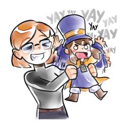  2girls :d a_hat_in_time afterimage artist_self-insert belt black-framed_eyewear black_sweater blue_pants boots brown_belt brown_boots brown_hair cape carrying carrying_person child closed_eyes commentary cropped_torso english_commentary glasses grin hat hat_kid hat_ribbon jacket jenna_brown jenna_brown_(person) long_sleeves medium_hair multiple_girls o_o official_artist_extra open_mouth pants purple_hat purple_jacket real_life ribbon sidelocks slapping smile sweater teeth top_hat waving_arms white_background white_pants yellow_cape yellow_ribbon zipper_pull_tab 