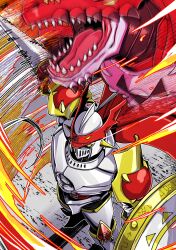  absurdres armor cape commentary_request digimon digimon_(creature) dragon dual_wielding dukemon eikenkobayashi helmet highres holding holding_polearm holding_weapon knight lance megidramon polearm red_cape shield solo_focus weapon yellow_eyes 