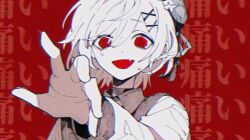  1girl @_@ beret black_choker black_coat black_hat choker coat collared_coat fang flower hair_flower hair_ornament hat hat_flower hat_ribbon highres long_sleeves looking_at_viewer mahou_shoujo_no_majo_saiban nox_laurant outstretched_hand parody portrait red_background red_eyes ribbon sakuraba_ema shirt short_hair skin_fang sleeveless sleeveless_coat solo tears text_background white_flower white_hair white_shirt white_sleeves x_hair_ornament 