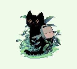  animal animal_focus backpack bag black_cat brown_bag cat commentary decomposedmaw english_commentary flower grass green_leaf leaf looking_back nature no_humans original outdoors pixel_art plant sitting whiskers white_background white_flower 