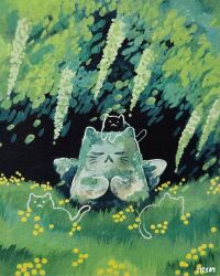  :< animal animal_focus artist_name boulder carving cat cat_loaf flower foliage ghost gouache_(medium) grass highres leaf moss multiple_cats nature no_humans on_rock original outdoors painting_(medium) plant rock signature sitting titsay traditional_media tree willow yellow_flower 