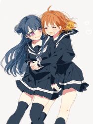  2girls black_serafuku black_thighhighs blue_hair bow braid closed_eyes commentary_request hair_bow hair_bun hug love_live! love_live!_sunshine!! multiple_girls mura_(sdksir) orange_hair pink_eyes school_uniform serafuku single_braid takami_chika thigh-highs tsushima_yoshiko white_background 
