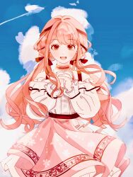  1girl 7q1yxiao absurdres belt black_belt black_bow black_ribbon blue_sky bow bow_choker bowtie bra_strap brown_eyes buttons center_frills chinese_commentary choker clouds commentary_request cowboy_shot day eyelashes frilled_skirt frilled_sleeves frills hair_bow hair_intakes hair_ribbon happy highres infinity_nikki interlocked_fingers layered_skirt light_blush long_hair long_sidelocks long_sleeves low_twintails medium_skirt nikki_(nikki) nikki_(series) off-shoulder_shirt off_shoulder open_mouth outdoors own_hands_clasped own_hands_together perfect_start_(infinity_nikki) pink_bow pink_bowtie pink_choker pink_hair pink_skirt pleated_skirt print_skirt puffy_long_sleeves puffy_sleeves ribbon shirt sidelocks single_stripe skirt sky smile snowflake_print snowflakes solo standing straight-on striped_bow striped_bowtie striped_choker striped_clothes teeth tress_ribbon twintails upper_teeth_only very_long_hair wavy_hair white_shirt white_skirt 