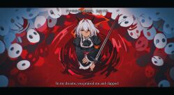  1girl absurdres arknights ascot bilingual_text black_ascot black_dress blood broken_mask chinese_text dopperu_ben dragon_girl dragon_horns dress english_text frilled_sleeves frills from_above grey_hair highres holding holding_sword holding_weapon horns letterboxed long_sleeves looking_at_viewer mask mixed-language_text pool_of_blood solo sword talulah_(arknights) translation_request weapon yellow_eyes 