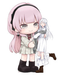  2girls ^_^ animegao bang_dream! bang_dream!_our_notes black_boots black_hairband black_sweater boots brown_boots closed_eyes closed_mouth dress earrings flower_earrings full_body green_eyes grey_jacket grey_scarf grey_skirt hair_ornament hairband hairclip highres izumi_houka jacket jewelry kigurumi leg_up long_dress long_hair long_sleeves multiple_girls open_clothes open_jacket parallel_hairclips pink_hair pleated_skirt scarf shiomi_hotaru simple_background skirt smile straight_hair sweatdrop sweater turtleneck turtleneck_sweater white_background white_dress white_hair yukitake_(bullfalk) 