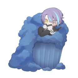  1boy absurdres aqua_streaks bad_food black_cape black_pants cape chibi chibi_only covering_own_mouth disgust earrings food hair_between_eyes hair_bun half_updo hand_to_own_mouth highres j_goux99 jewelry kamishiro_rui long_sleeves male_focus monocle muffin multicolored_hair nausea never_give_up_cooking!_(project_sekai) on_food oversized_food oversized_object pants project_sekai purple_hair raised_eyebrows shirt short_hair simple_background sitting solo sprinkles streaked_hair tearing_up white_background white_shirt yellow-framed_eyewear yellow_eyes 