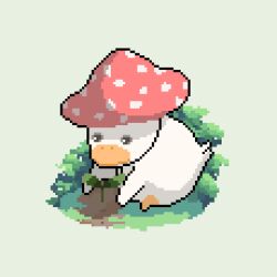 animal animal_focus bird commentary decomposedmaw dirt duck english_commentary feathers grass green_leaf leaf mushroom mushroom_hat mushroom_on_head nature no_humans original outdoors pixel_art plant planting sitting white_background white_feathers white_wings wings 
