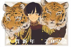  1boy 2022 animal axis_powers_hetalia black_hair brown_hair chinese_zodiac epaulettes gloves hand_on_animal highres japan_(hetalia) military military_uniform ninonuko smile solo_focus tiger uniform white_gloves year_of_the_tiger 