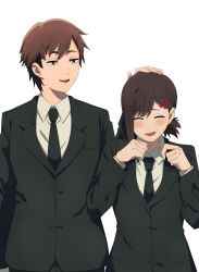  2girls absurdres anime_coloring asymmetrical_hair black_jacket black_necktie black_pants bow brown_eyes brown_hair chainsaw_man closed_eyes collared_shirt commentary division_4_female_member earrings english_commentary hair_between_eyes hair_ornament hairclip hand_on_another's_head higashiyama_kobeni highres jacket jewelry knew_nothing long_sleeves looking_at_another mole mole_under_eye mole_under_mouth multiple_girls multiple_moles necktie open_mouth pant_suit pants ponytail red_bow shirt short_hair short_ponytail short_side_ponytail shrugging side_ponytail simple_background single_sidelock stud_earrings suit teeth tomboy upper_teeth_only very_short_hair white_background white_shirt 
