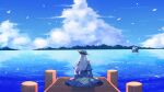  1girl ban_hada bird blue_capelet blue_headwear blue_jacket boat capelet clouds commission english_commentary from_behind grey_hair hat highres jacket mountainous_horizon nijisanji nijisanji_kr ocean pirate_hat scenery second-party_source sitting sky solo sson_(51db_) virtual_youtuber watercraft 