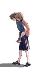  1boy 1girl black_shoes blue_shirt blush bob_cut brother_and_sister brown_eyes brown_hair carrying carrying_person closed_mouth commentary_request crying crying_with_eyes_open from_side full_body grey_socks gym_shorts hands_on_another's_shoulders hands_up head_on_another's_shoulder highres loafers looking_at_another mochiosamu_ron mole mole_on_cheek no_socks nose_blush open_mouth original piggyback pink_shirt purple_shorts scraped_knee shadow shirt shoes short_hair short_sleeves shorts siblings sidelighting sideways_glance simple_background sneakers socks standing t-shirt tears walking white_background white_shoes 
