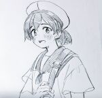  1girl commentary_request dress hat hiburi_(kancolle) kantai_collection lineart looking_at_viewer low_ponytail monochrome sagamiso sailor_collar sailor_dress sailor_hat short_hair short_sleeves solo strap upper_body 