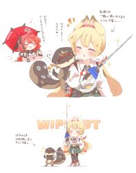  2girls :3 :d ^_^ ahoge alice_thymefield animal_ears black_choker black_gloves black_sailor_collar blonde_hair blush bow bowtie choker closed_eyes closed_mouth collared_shirt commentary_request cropped_torso fingerless_gloves gloves hair_ornament highres holding holding_sword holding_umbrella holding_weapon kamanosuke_(zenless_zone_zero) long_hair long_sleeves low_twintails multiple_girls notice_lines open_mouth pink_sweater rabbit_ears rabbit_girl rebecca_(keinelove) red_hair red_umbrella sailor_collar shirt simple_background smile sparkle sphere_hair_ornament sweater sword translation_request twintails ukinami_yuzuha umbrella weapon white_background white_bow white_bowtie white_shirt zenless_zone_zero 