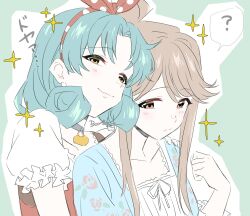  2girls ? artist_name behind_another booing6 brown_eyes brown_hair closed_mouth commentary_request curly_hair green_hair hairband highres idolmaster idolmaster_million_live! looking_at_viewer multiple_girls polka_dot_hairband red_hairband sidelocks signature smile sparkle speech_bubble spoken_question_mark tenkubashi_tomoka tokugawa_matsuri upper_body yuri 