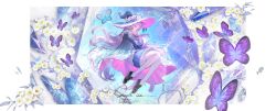  1girl animal_ears artist_name bug butterfly cat_ears cat_girl commentary commission dress flower flower_request from_side hat highres long_hair original pantyhose purple_hair shale shoes snowflakes solo two-sided_fabric white_background white_pantyhose witch_hat 