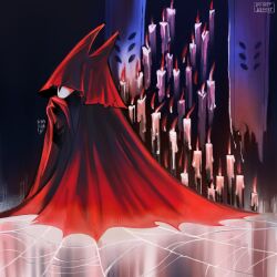  arthropod_girl artist_name banner candle carrying cloak commentary english_commentary herrah_the_beast highres hollow_knight hollow_knight:_silksong mask peache_bo red_cloak red_hood silk spider_web 