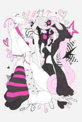  2girls alien_stage animal_ear_hairband animal_ears beanie belt black_hair black_hat black_leg_warmers black_leotard black_shoes black_wings breasts camisole clothing_cutout coldmeow commentary crop_top demon_wings earflap_beanie fake_animal_ears grey_hair grey_socks hairband hand_on_another's_thigh hat heart highres leg_warmers leotard long_hair mini_wings mizi_(akuma)_(zombie_stage) mizi_(alien_stage) mizi_(zombie_stage) multiple_girls official_alternate_costume pink_belt pink_hair polka_dot polka_dot_socks rabbit_ear_hairband rabbit_ears romaji_commentary romaji_text shoes shorts side_cutout sideboob socks spiral_print strapless strapless_leotard striped_leg_warmers sua_(alien_stage) sua_(tenshi)_(zombie_stage) sua_(zombie_stage) tongue tongue_out twintails very_long_hair white_camisole white_shoes white_shorts white_wings wings yuri zipper zipper_leotard zombie_stage 