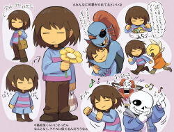  1girl 2boys 2others :t androgynous arrow_(symbol) bag black_sclera blue_jacket blue_skin blue_sweater brothers brown_bag brown_hair brown_pants brown_shoes closed_eyes closed_mouth colored_sclera colored_skin colored_teeth commentary_request flower frisk_(undertale) gloves grin highres holding holding_bag holding_flower hood hooded_jacket hug jacket long_hair long_sleeves looking_at_another monster_kid_(undertale) multiple_boys multiple_others musical_note nomu_poncha one_eye_closed open_clothes open_jacket open_mouth pants papyrus_(undertale) ponytail red_gloves red_hair sans_(undertale) sharp_teeth shoes short_hair siblings smile sweater tail teeth translation_request undertale undyne utdr_(toby_fox) yellow_skin yellow_teeth 