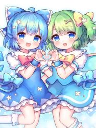  2girls blue_background blue_bow blue_dress blue_eyes blue_hair bow cirno coa_(chroo_x) commentary_request cowboy_shot daiyousei detached_wings dress fairy_wings feet_out_of_frame flower frilled_bow frilled_cuffs frilled_dress frills green_hair hair_flower hair_ornament heart heart_hands highres multiple_girls puffy_short_sleeves puffy_sleeves short_hair short_sleeves side_ponytail socks touhou white_socks wings wrist_cuffs x_hair_ornament yellow_bow 