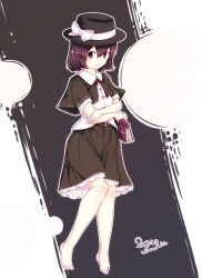  1girl 2018 arms_across_body bare_legs barefoot black_background black_hat book bow brown_eyes brown_hair commentary_request dated furim hat highres holding holding_book looking_at_viewer medium_hair toes touhou two-tone_background usami_renko white_background white_bow 